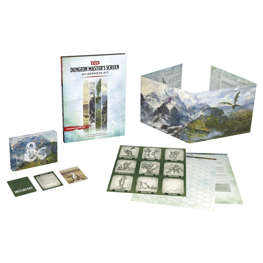 D&D 5E: DM's Screen Wilderness Kit - Dungeons & Dragons DM's Screen Wilderness Kit with illustrated folding screen, rule cards, and reference sheets laid out.