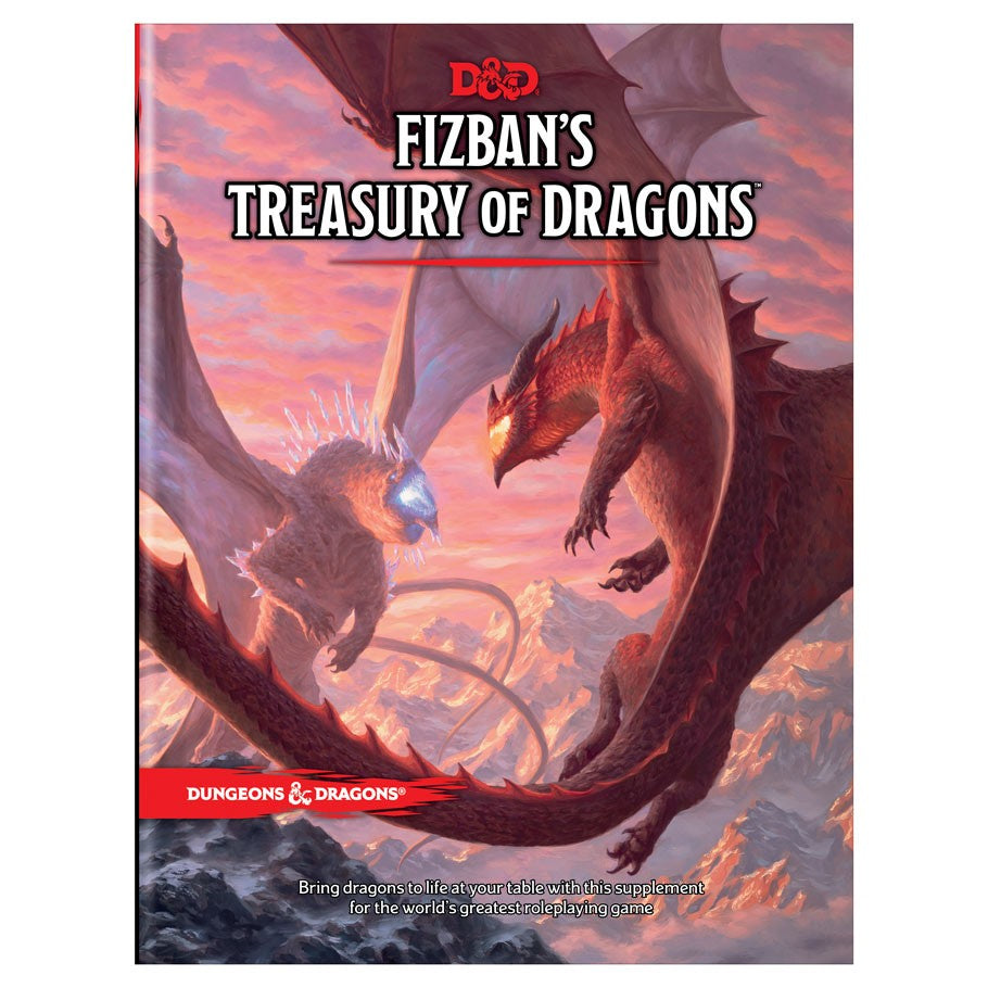 D&D 5E: Fizban's Treasury of Dragons - Red dragon and silver dragon battling in a cloudy pink and orange sky on D&D Fizban's Treasury of Dragons book cover.