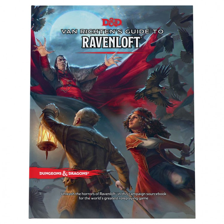 D&D 5E: Van Richten's Guide to Ravenloft - Dungeons & Dragons Van Richten's Guide to Ravenloft book cover with vampire, lantern, and adventurers in dark fantasy style.