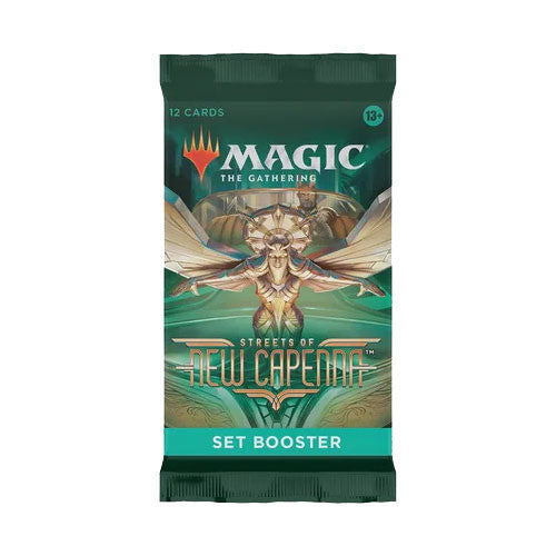 Magic the Gatherine - Streets of New Capenna - Set Booster Pack - Magic the Gathering Streets of New Capenna Set Booster Pack with green and gold artwork of a winged figure.