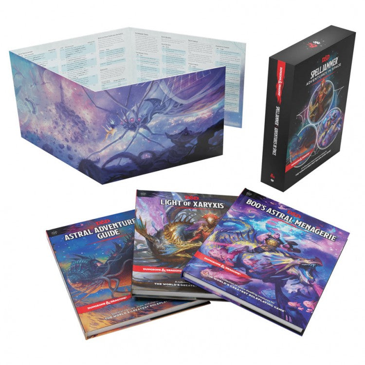 D&D 5E: Spelljammer Campaign Collection - D&D 5E Spelljammer Campaign Collection with colorful cosmic-themed guidebooks and red-black box set.