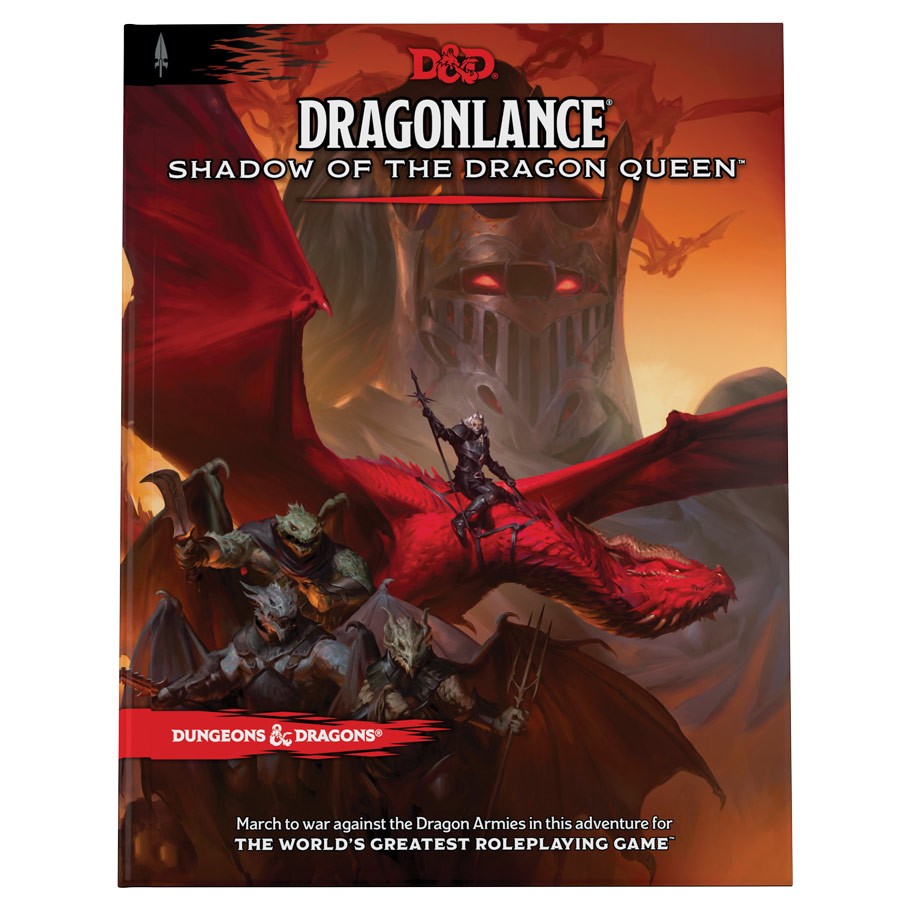 D&D 5E: Dragonlance: Shadow Dragon Queen - D&D Dragonlance Shadow Dragon Queen book cover with warrior on red dragon and dark castle background.