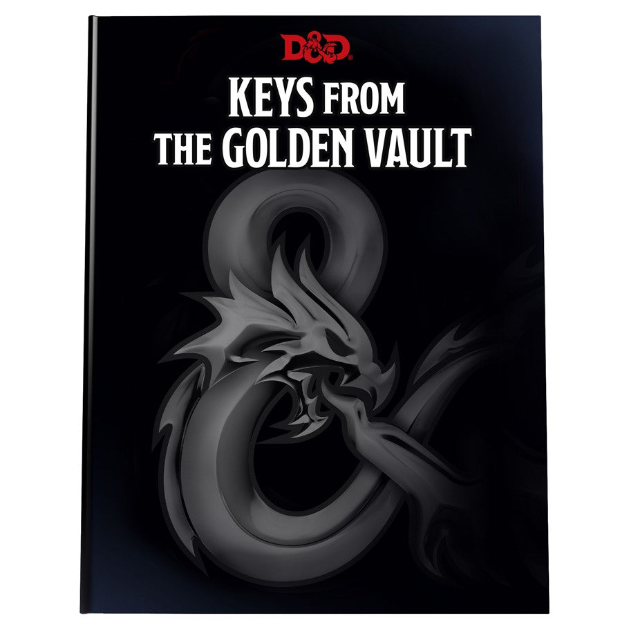 D&D 5E: Keys from the Golden Vault - Black hardcover book with a silver metallic dragon ampersand emblem and white D&D Keys from the Golden Vault title on the.