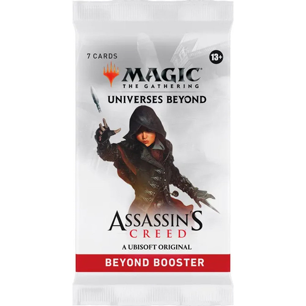 Magic: The Gathering - Assassin's Creed - Beyond Booster Pack - The Gathering Universes Beyond Assassin's Creed Beyond Booster Pack featuring hooded assassin artwork on white packaging.