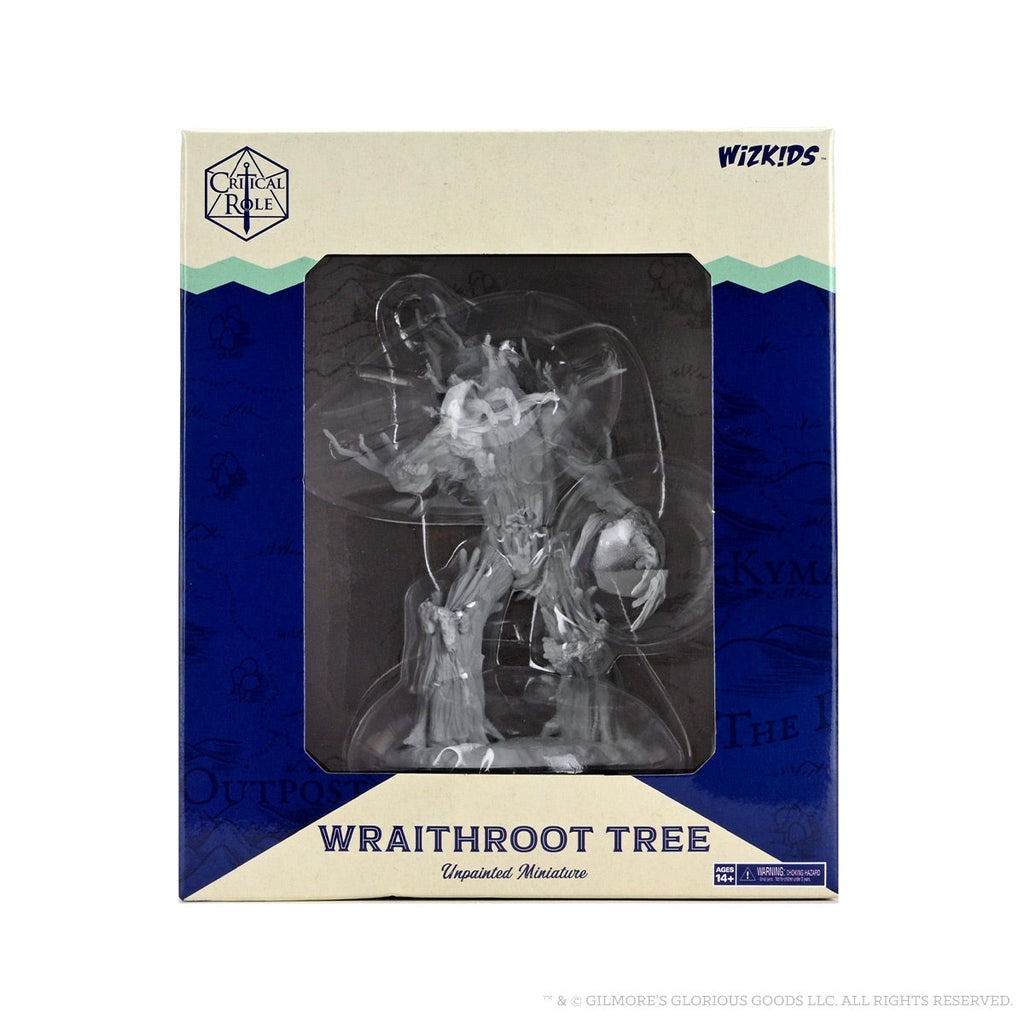 Critical Role Mini: Wraithroot Tree - Transparent gray miniature of a ghostly tree creature with twisted branches and roots in blue and white packaging.