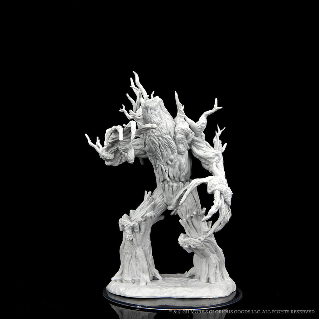 Critical Role Mini: Wraithroot Tree - Unpainted gray resin miniature of a twisted, humanoid tree creature with gnarled branches and bark texture, posed mid-stride