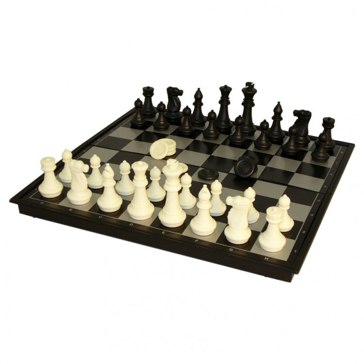 14" Folding Magnetic Chess & Non-Magnetic Checkers - 14" black and white folding chess board with magnetic black and white chess pieces set up for play.