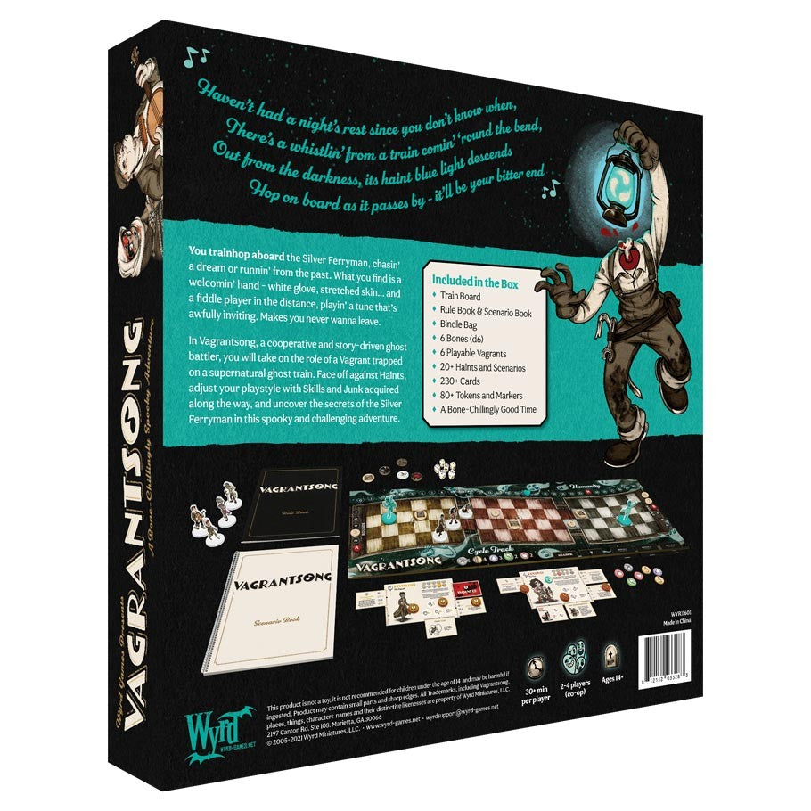 Vagrantsong - Vagrantsong board game box with illustrated clown, game board, cards, and components on black background.