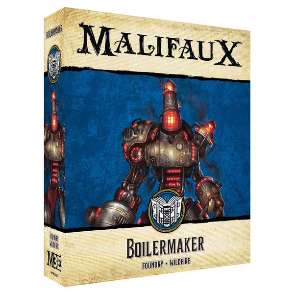 Malifaux 3rd Edition: Boilermaker - Malifaux 3rd Edition Boilermaker boxed set featuring a red and metallic steampunk robot figure on a blue background.