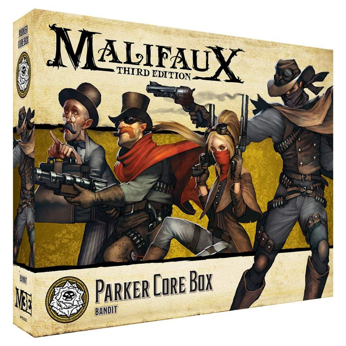 Malifaux 3rd Edition: Parker Core Box - Malifaux 3rd Edition Parker Core Box featuring detailed painted miniatures of four Wild West-style characters in bandit.