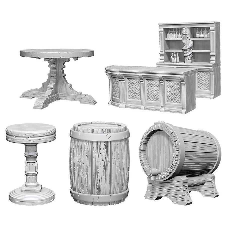 Pathfinder Battles Deep Cuts: Rusty Dragon Bar - Unpainted gray resin tabletop gaming miniatures featuring a round pedestal table, round stool, wooden barrel, tipped barrel.