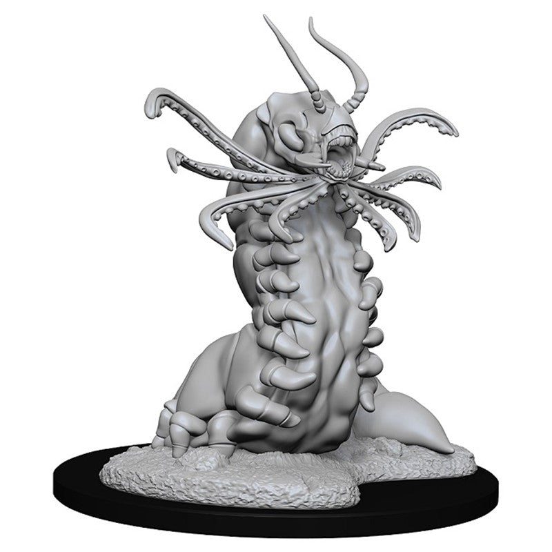 D&D: Nolzur's Marvelous Minis: Carrion Crawler - Gray unpainted Carrion Crawler miniature with segmented body and multiple tentacle-like appendages on a textured base.
