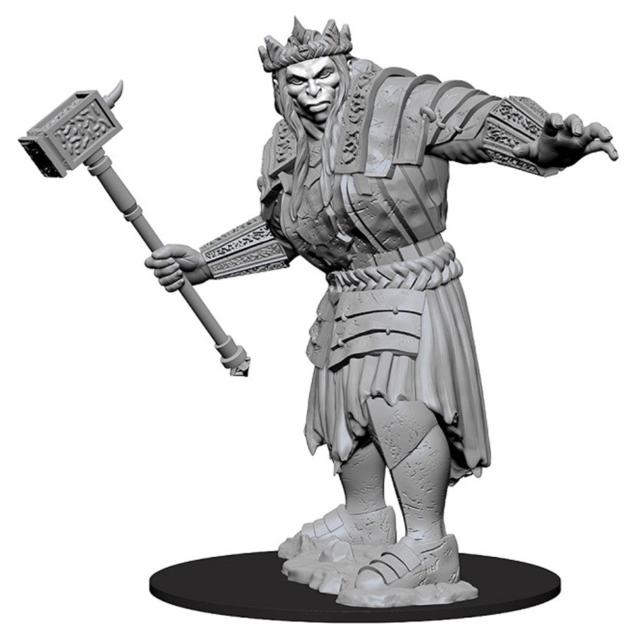 D&D: Nolzur's Marvelous Minis: Fire Giant W7 - Unpainted gray resin miniature of a fire giant wielding a large hammer, wearing armor and a crown.