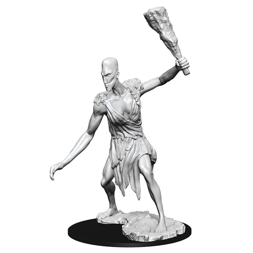 D&D: Nolzur's Marvelous Minis: Stone Giant W8 - Unpainted stone giant miniature wielding a large club, standing on rocky base with tattered loincloth and muscular details.