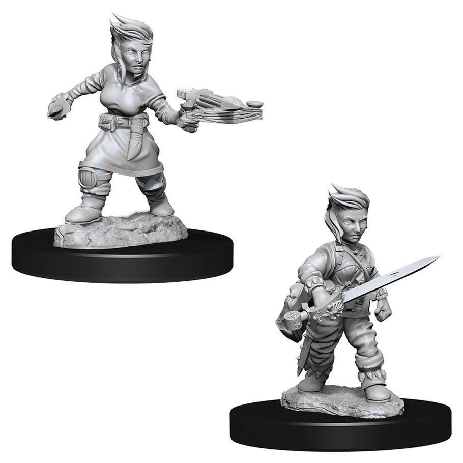 Pathfinder Battles Deep Cuts: Female Halfling Rogue W8 - Unpainted female halfling rogue miniature with short hair holding a crossbow and dagger on a black base.