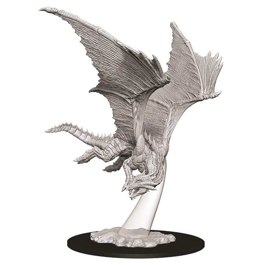 D&D: Nolzur's Marvelous Minis: Young Bronze Dragon - Unpainted miniature of a young bronze dragon with outstretched wings on a round base.
