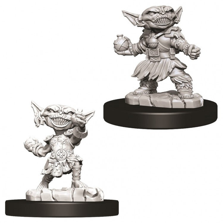 Pathfinder Battles Deep Cuts: Female Goblin Alchemist W9 - Two unpainted female goblin alchemist miniatures, one holding a potion and the other a flask, detailed fantasy figures on.