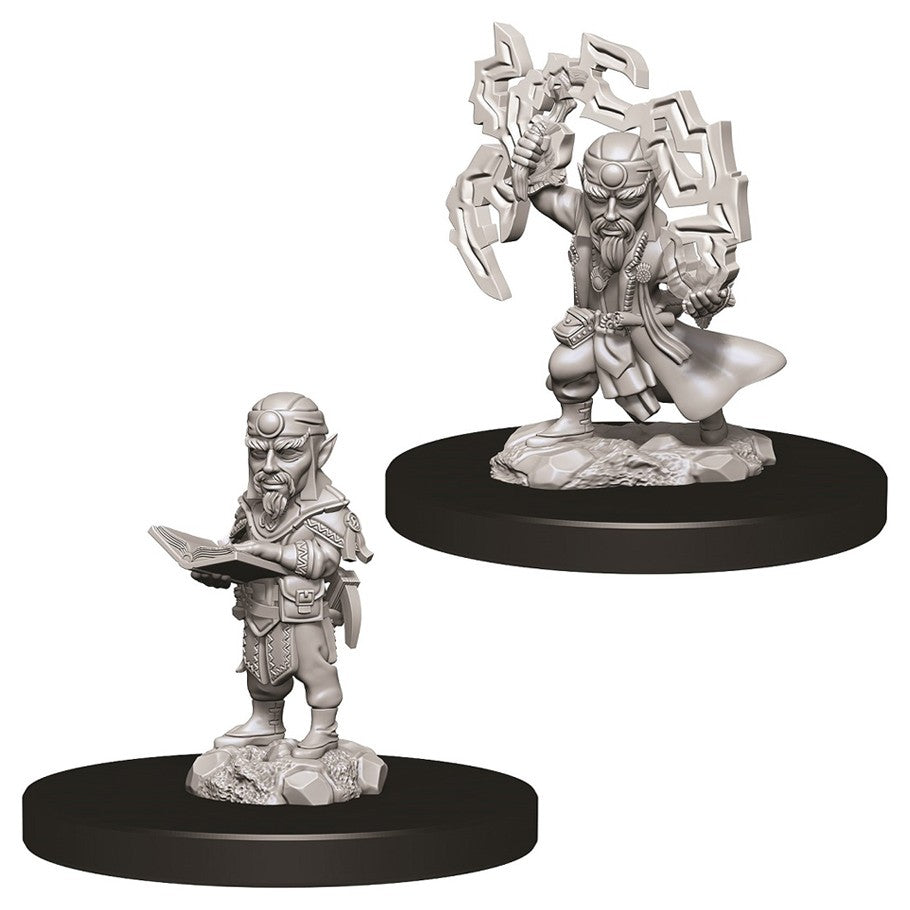 Pathfinder Battles Deep Cuts: Male Gnome Sorcerer W9 - Unpainted miniature of a male gnome sorcerer holding a book and casting a spell with magical energy effects.