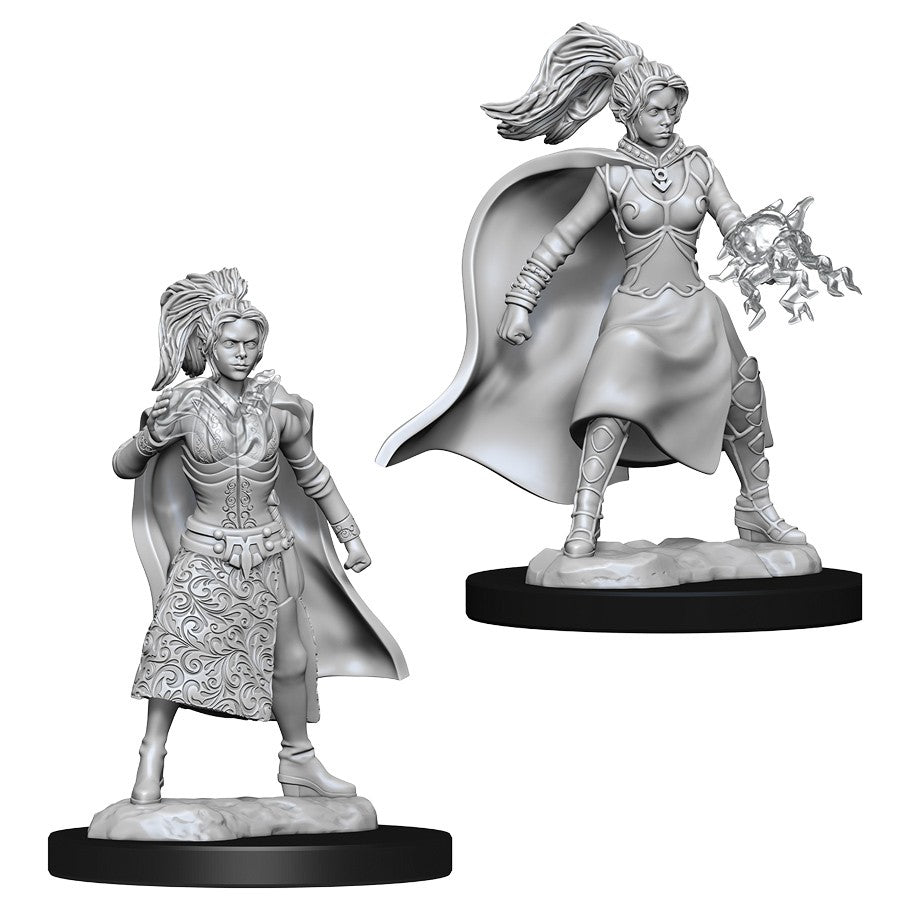 Dungeons & Dragons: Nolzur's Marvelous Minis: Female Human Sorcerer - Unpainted female human sorcerer miniature with flowing hair, cape, and summoning lightning effects on a round base.