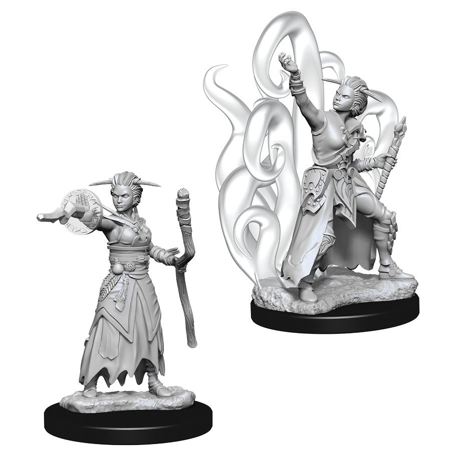 D&D: Nolzur's Marvelous Minis: Female Human Warlock W10 - Unpainted female human warlock miniature with raised staff and swirling magical effects on round base.