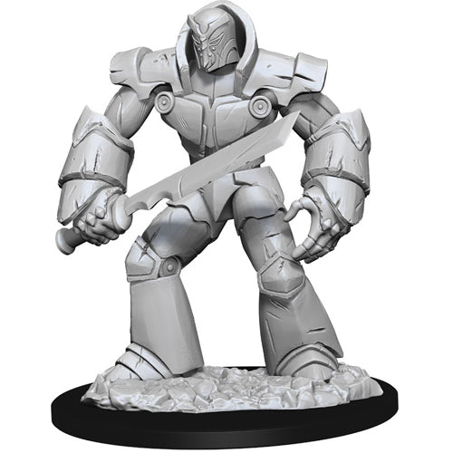 D&D Nolzur's Marvelous Miniatures: Iron Golem - Unpainted gray resin Iron Golem miniature with broad, armored limbs holding a large sword, standing on a textured rocky base.