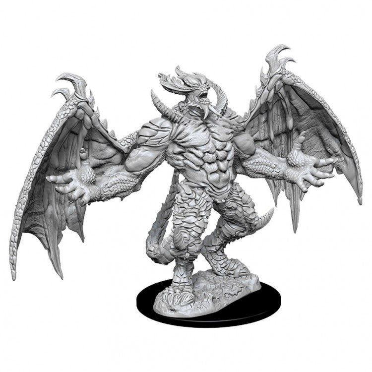 Pathfinder Battles Deep Cuts: Pit Devil W10 - Gray unpainted dragon-like demon miniature with large outstretched wings and muscular body on black base.