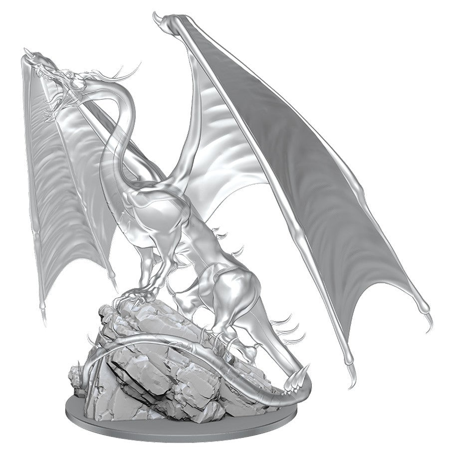 D&D: Nolzur's Marvelous Minis: Young Emerald Dragon W17 - Unpainted plastic miniature of a young dragon with spread wings standing on a rocky base.