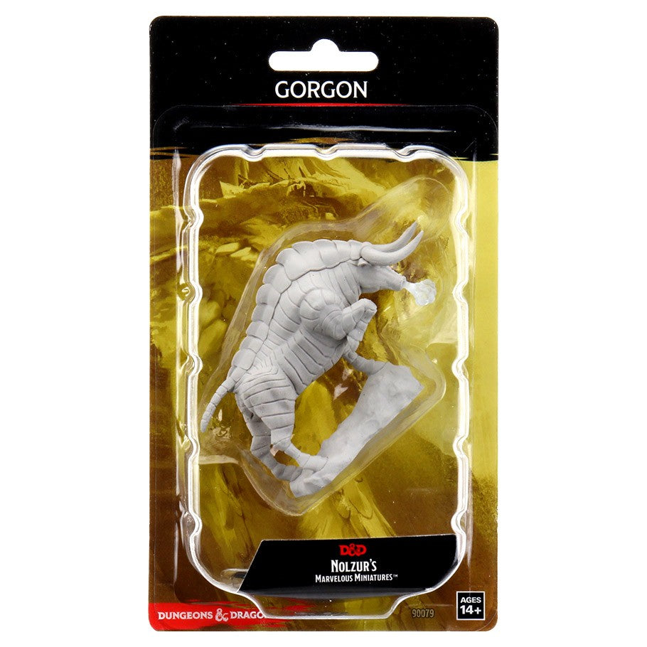 D&D: Nolzur's Marvelous Minis: Gorgon W12 - Unpainted gray plastic miniature of a four-legged Gorgon creature with curled horns in blister packaging.