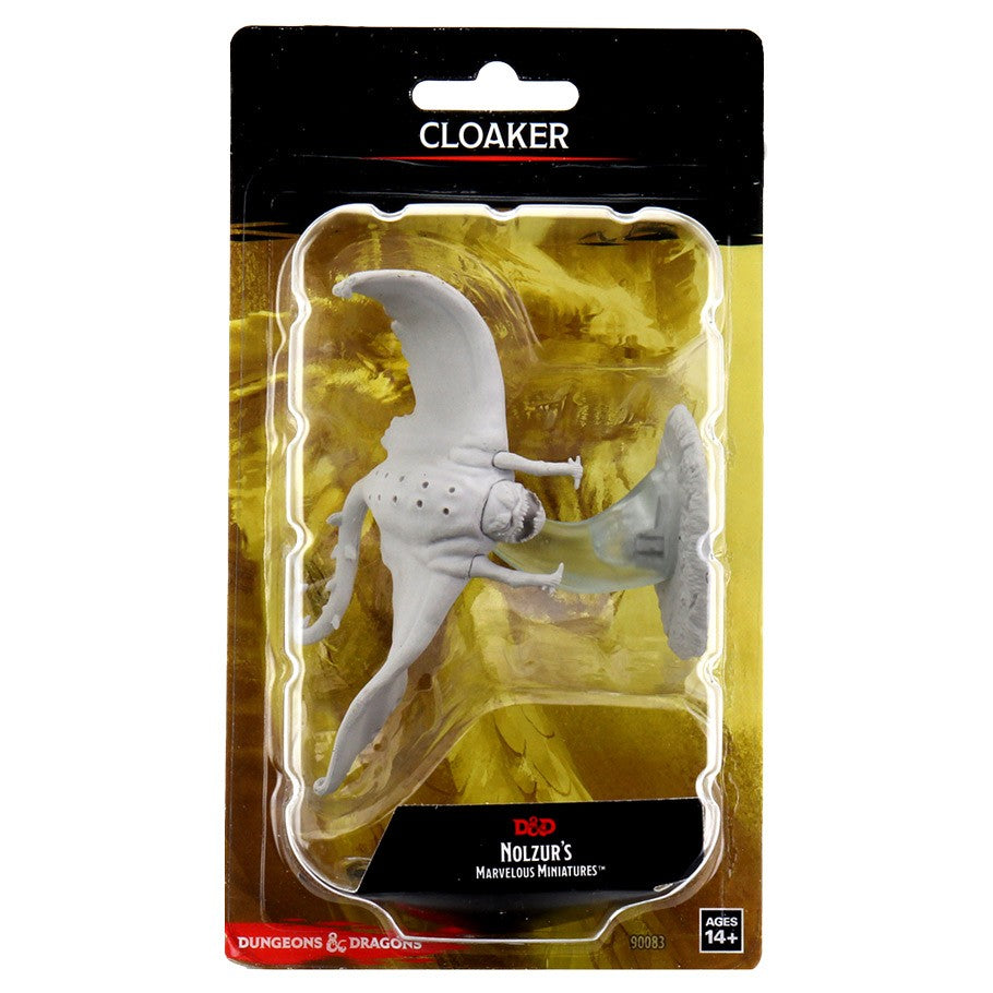 D&D: Nolzur's Marvelous Minis: Cloaker - Unpainted gray D&D Cloaker miniature with wings extended in clear blister pack on yellow and black backing card.