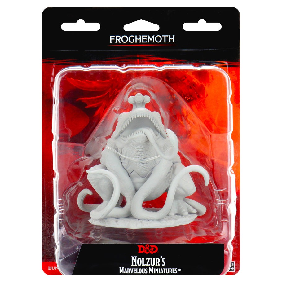 D&D: Nolzur's Marvelous Minis: Froghemoth - Unpainted D&D Froghemoth miniature with tentacles and open mouth in clear blister pack.