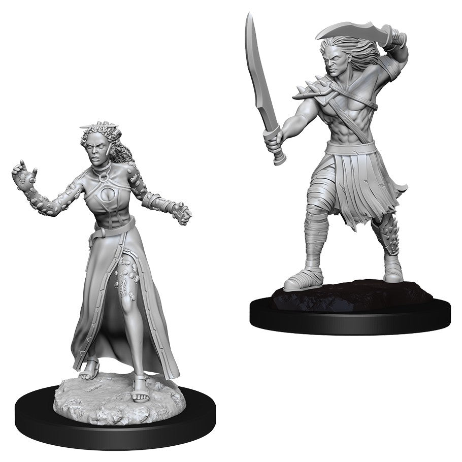 Magic The Gathering: Vampire Lacerator & Hexmage - Gray detailed fantasy miniature figures of a robed woman casting magic and an armored warrior with a sword on black bases.