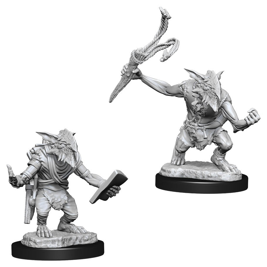 Magic The Gathering: Goblin Guide & Bushwhacker - Two unpainted Goblin miniatures, one wielding a dagger and axe, the other brandishing a spear, both on round bases.