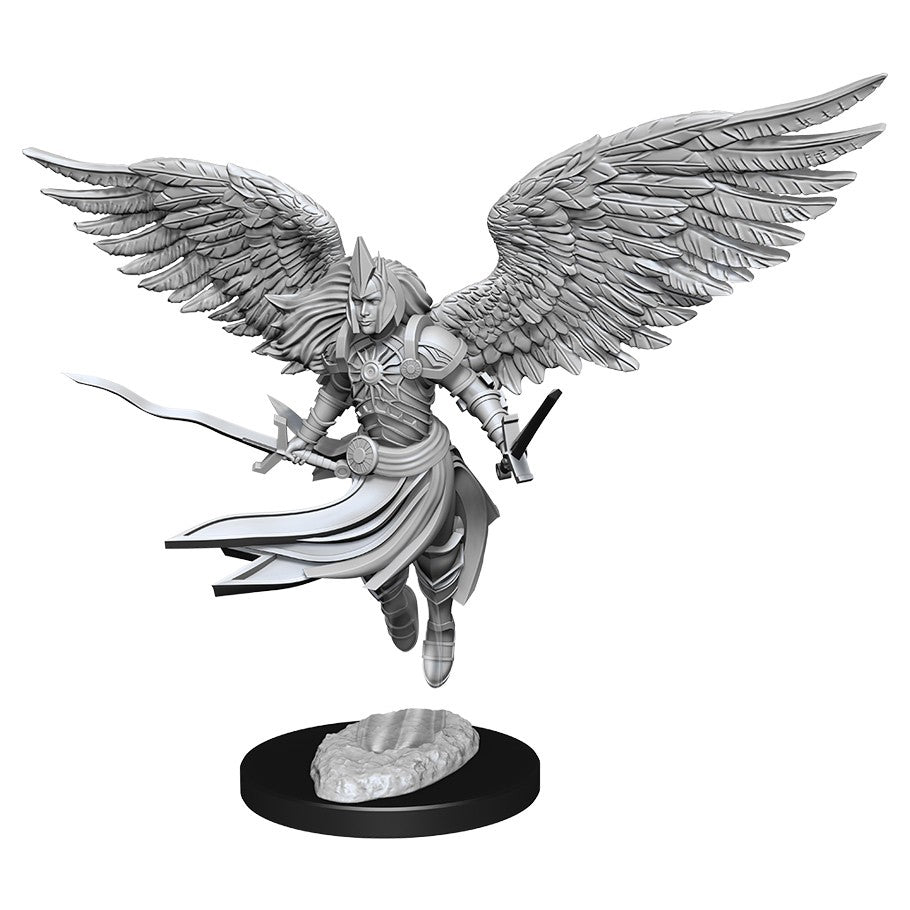 Magic The Gathering: Aurelia, Exemplar of Justice - Gray unpainted miniature figure of armored winged warrior woman wielding sword and shield on black round base.