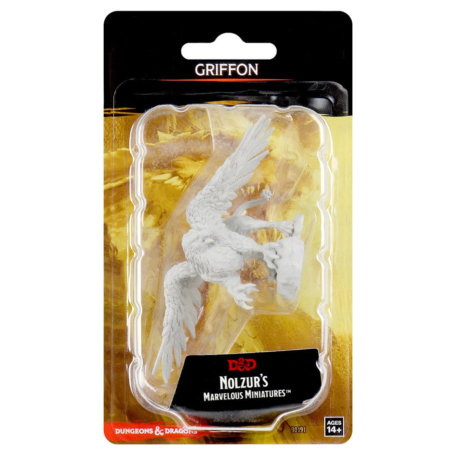 D&D: Nolzur's Marvelous Minis: Griffon W12.5 - Unpainted white plastic griffon mini with detailed wings and claws in blister packaging for D&D gaming.