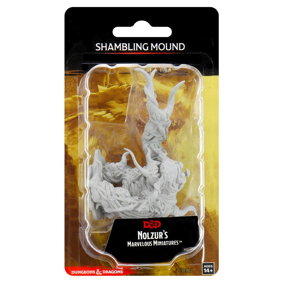 D&D: Nolzur's Marvelous Minis: Shambling Mound W12.5 - Unpainted white resin Shambling Mound miniature with twisted vine and foliage details in clear blister pack.