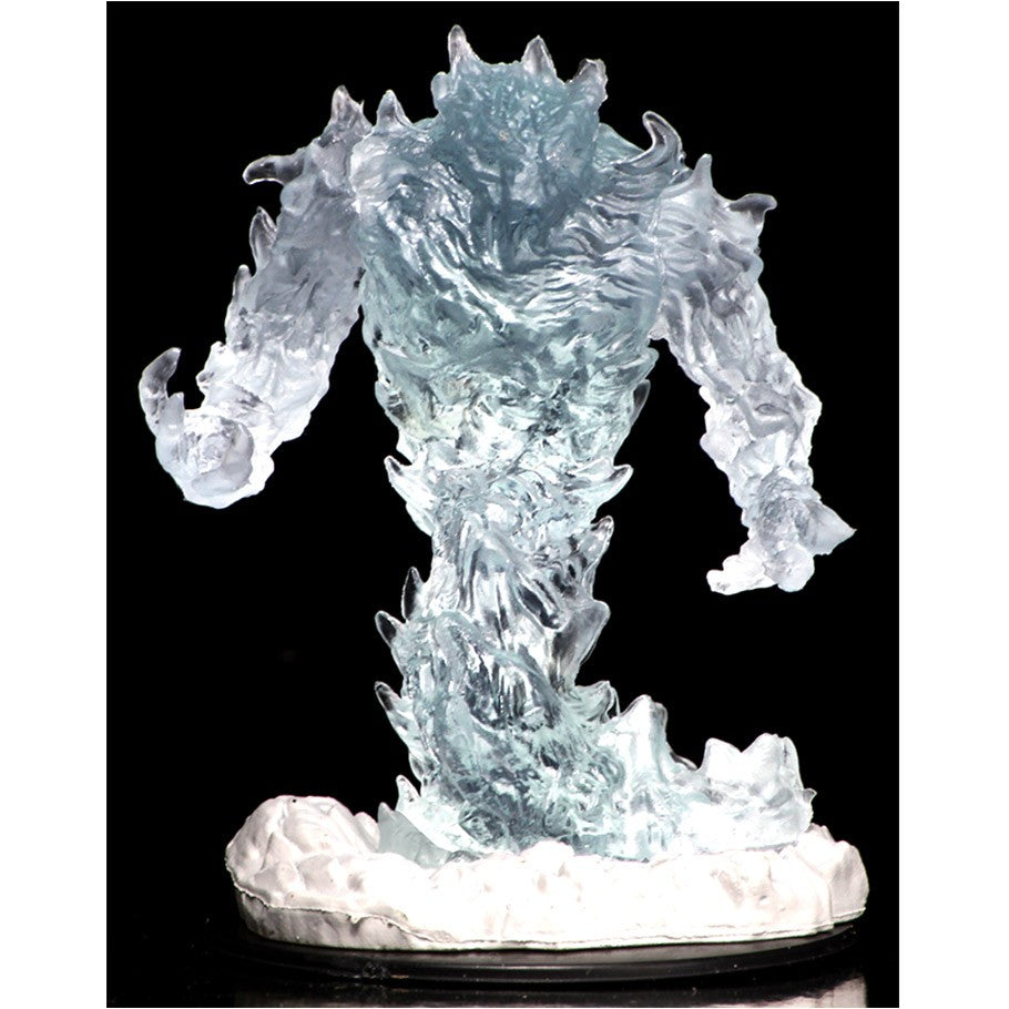 D&D: Nolzur's Marvelous Minis: Fire Elemental W12.5 - Translucent blue and white resin fire elemental miniature with jagged flames and muscular form on round base.