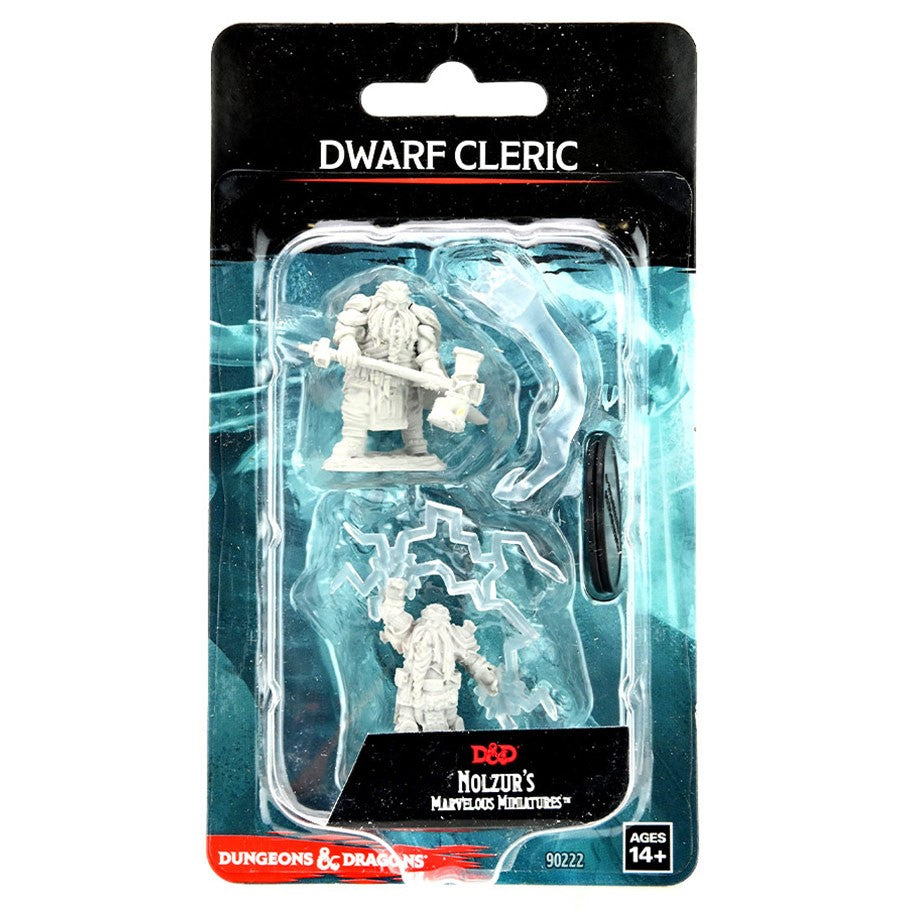 Dungeons & Dragons: Nolzur's Marvelous Minis: Dwarf Cleric Male W14 - Unpainted Dwarf Cleric miniature holding a hammer and shield in clear plastic blister pack with Dungeons & Dragons branding.