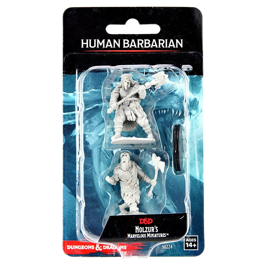 Dungeons & Dragons:: Nolzur's Marvelous Minis: Human Barbarian Male W14 - Unpainted gray plastic human barbarian miniature with axe and sword in blister pack.