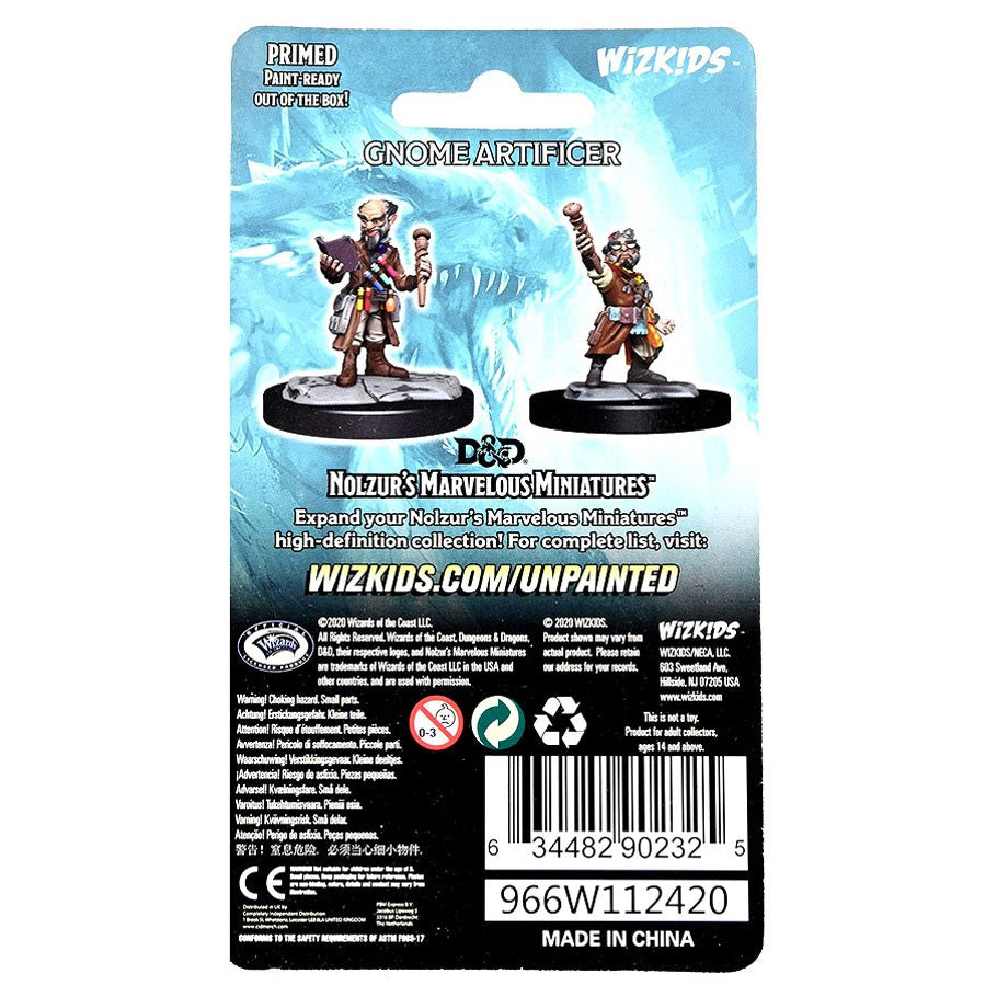 D&D: Nolzur's Marvelous Minis: Gnome Artificer Male W14 - Unpainted Gnome Artificer miniature from D&D Nolzur's Marvelous Minis on black display base with staff and mechanical arm.