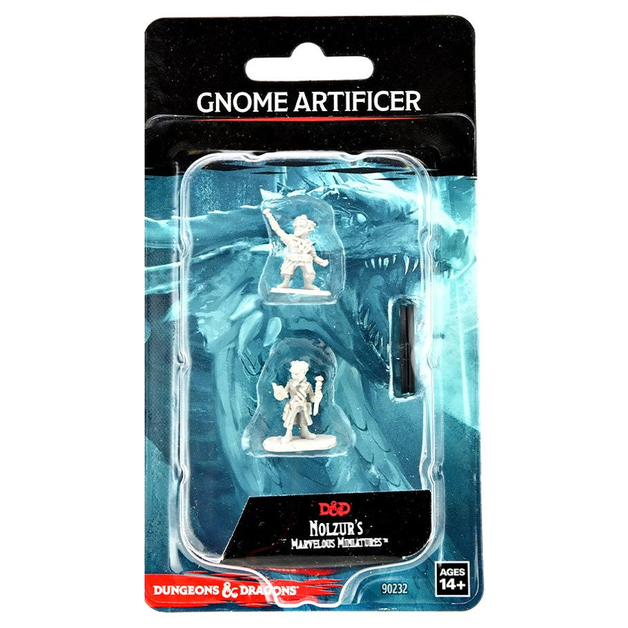 D&D: Nolzur's Marvelous Minis: Gnome Artificer Male W14 - Unpainted gnome artificer miniatures with tools and staff from Nolzur’s Marvelous Minis set in plastic packaging.