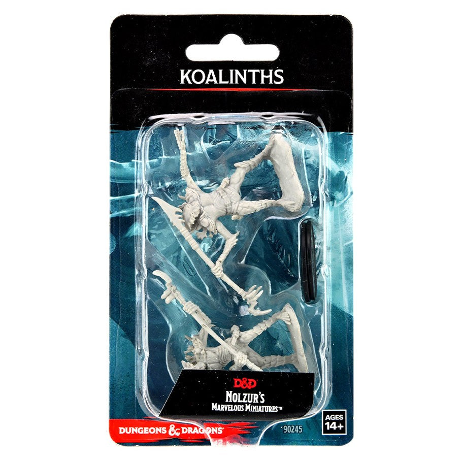 D&D: Nolzur's Marvelous Minis: Koalinths W14 - Unpainted gray plastic Koalinth miniature set with spear and net accessories in blister pack.