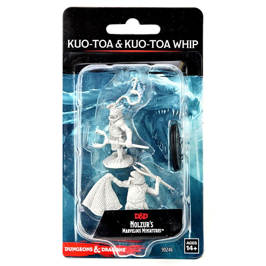 D&D: Nolzur's Marvelous Minis: Kuo-Toa & Kuo-Toa Whip W14 - Unpainted Kuo-Toa miniature with whip accessory from Nolzur's Marvelous Minis in clear plastic blister pack.