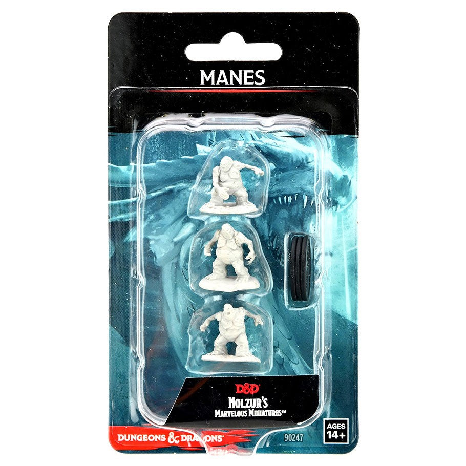 D&D: Nolzur's Marvelous Minis: Manes W14 - Set of three unpainted white plastic miniature figures depicting fantasy manes creatures from D&D, packaged in clear blister .