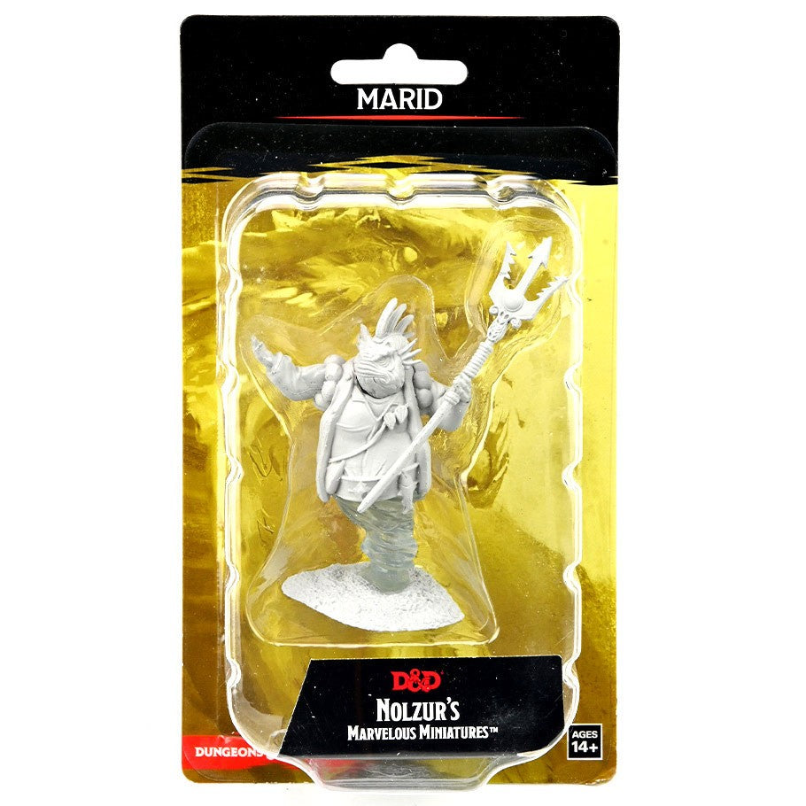 D&D: Nolzur's Marvelous Minis: Marid W14 - Unpainted gray resin miniature of a Marid genie holding a trident from Nolzur's Marvelous Minis in blister pack.
