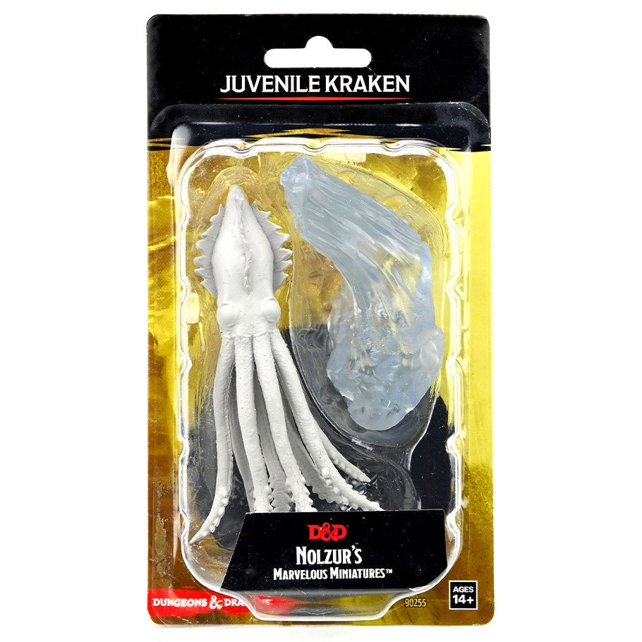Dungeons & Dragons: Nolzur's Marvelous Minis: Juvenile Kraken - Unpainted juvenile kraken mini with tentacles and clear blue water base in blister pack.