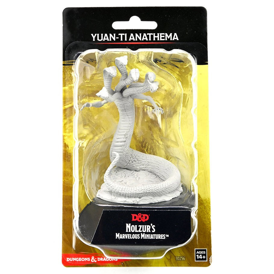 Dungeons & Dragons: Nolzur's Marvelous Minis: Yuan-Ti Anathema - Unpainted gray resin miniature of a Yuan-Ti Anathema serpent humanoid in dynamic pose, packaged in clear blister with black.