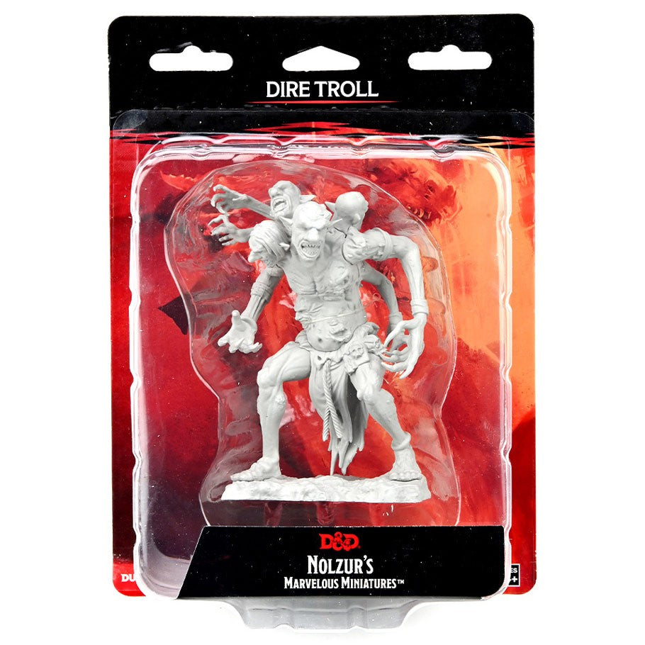 D&D: Nolzur's Marvelous Minis: Dire Troll W14 - Unpainted grey plastic miniature of a four-armed dire troll with muscular build and torn cloth loincloth in blister packaging.