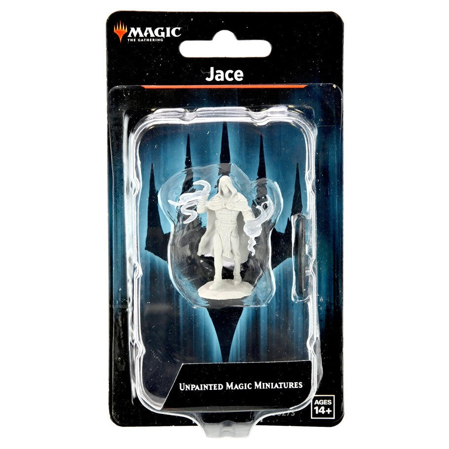 Magic The Gathering: Jace - Unpainted white Jace Magic The Gathering miniature in black and blue blister pack packaging.