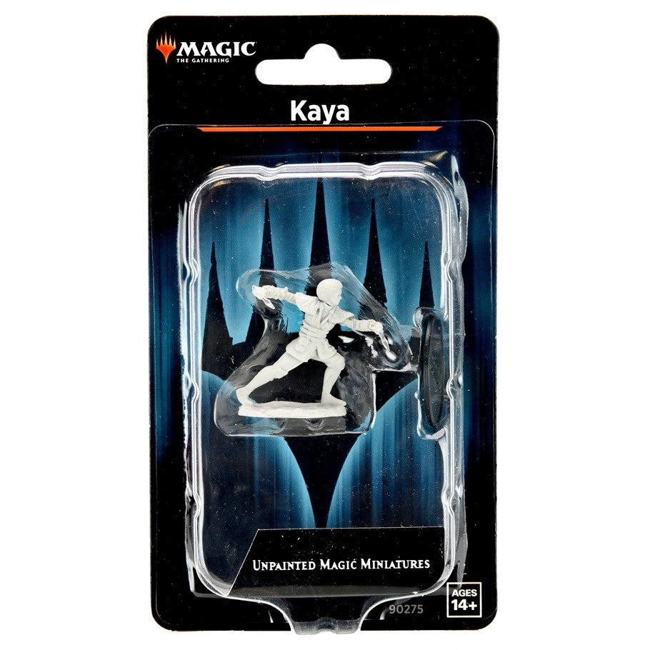 Magic The Gathering: Kaya - Magic The Gathering Kaya miniature figure in dynamic pose with transparent base, packaged on black and blue backing card.
