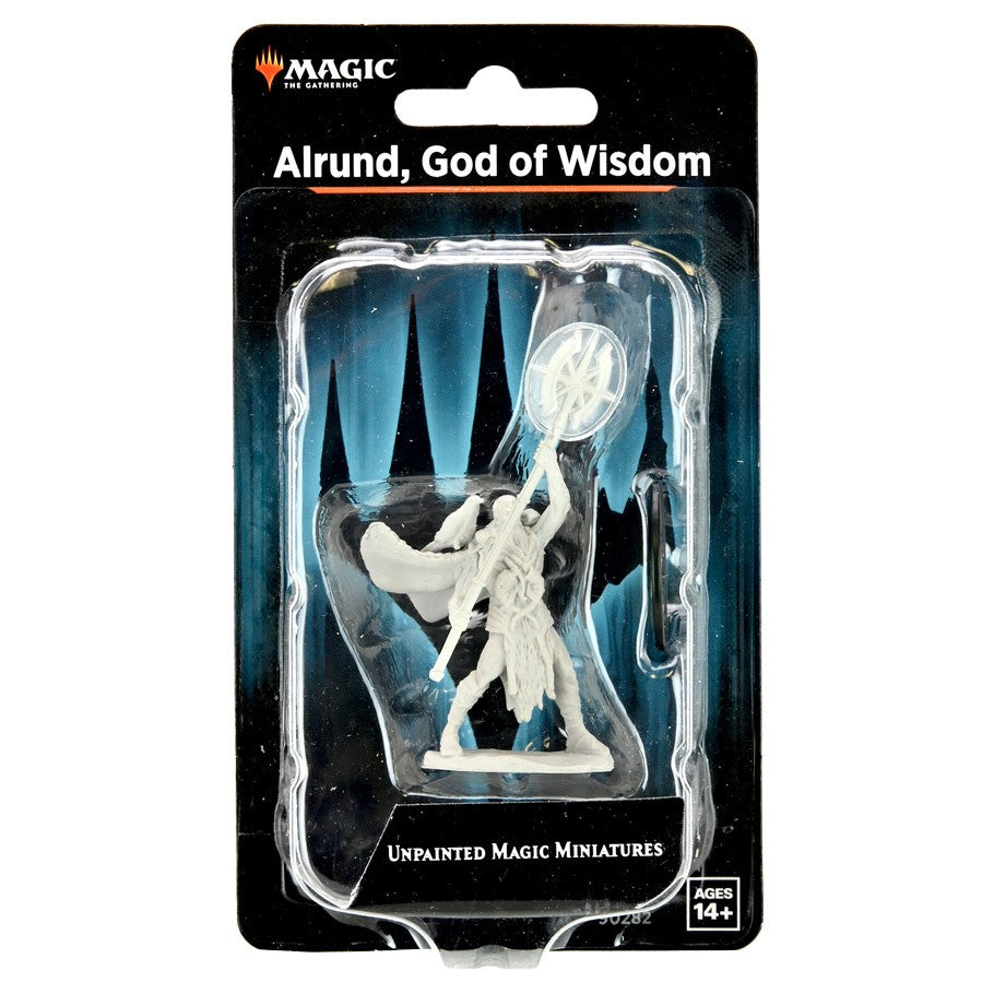 Magic The Gathering: Alrund, God of Wisdom - Unpainted white fantasy miniature of Alrund, God of Wisdom, in plastic blister pack with black and blue Magic The Gathering.